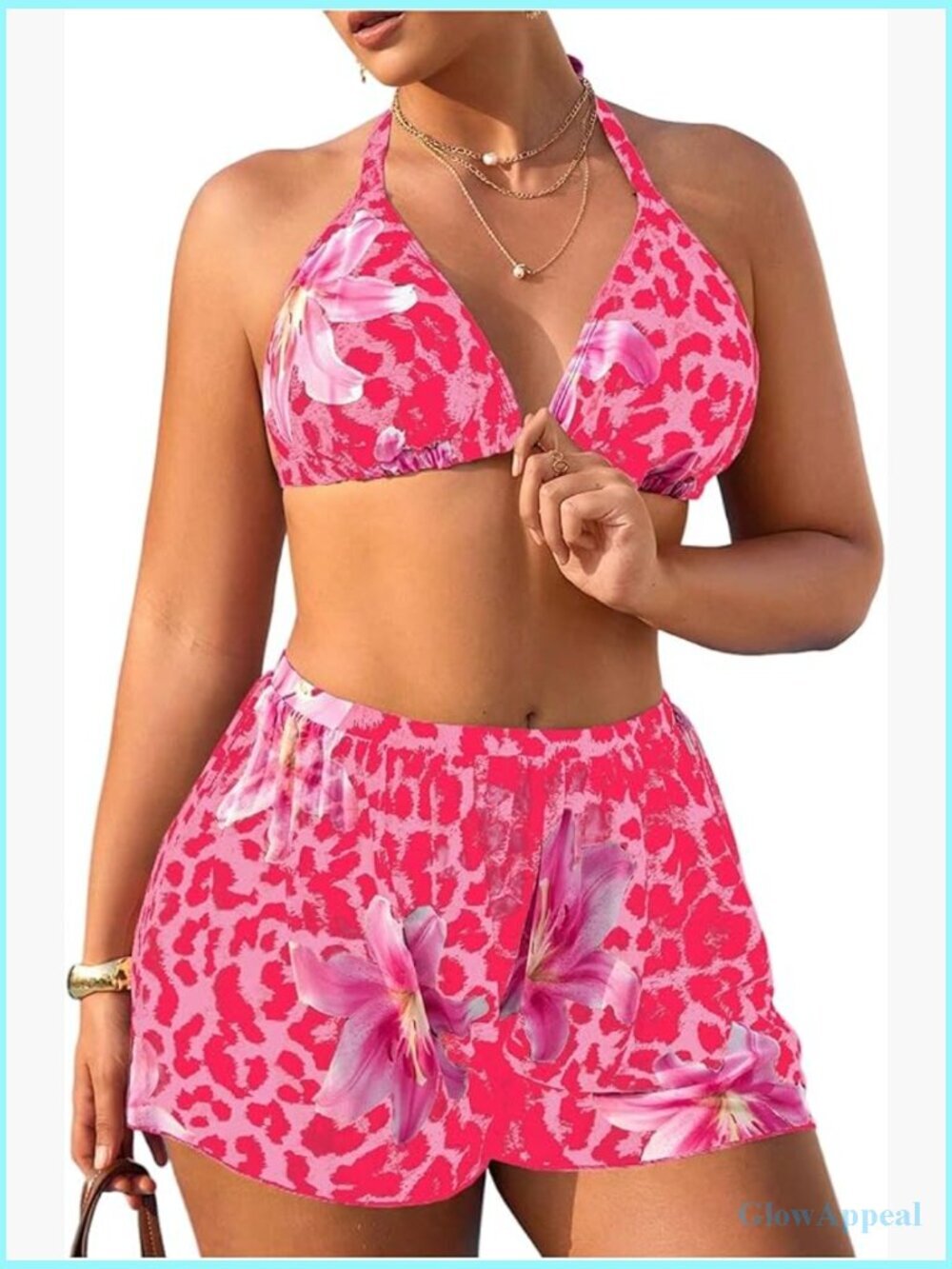 Plus Size 3 Piece Halter Bikini Set with Cover Up Shorts